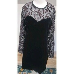 Vtg 80s Black Velvet Mini Dress Cocktail Holiday Party Sheer Sweetheart Size 12